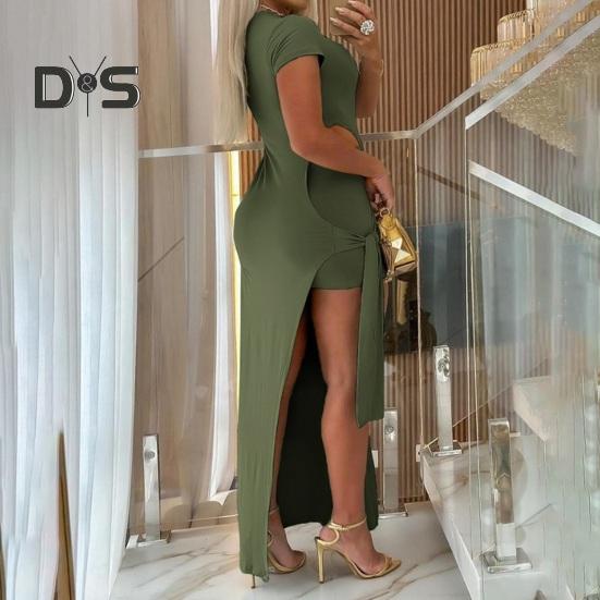 Women's Sexy Maxi Dress Set Short Sleeve Crew Neck Side Slit Bodycon Dress with Short Summer Wear Suit for Party Daily Clubs