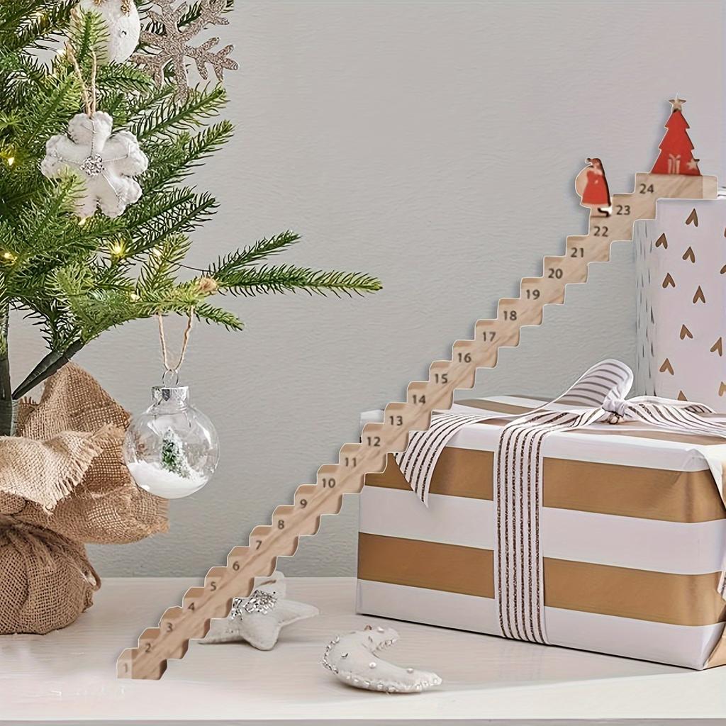 Vintage-Style Wooden Climbing Santa Advent Calendar 2025 - Christmas Countdown with 24 Decorative Stairs, Numbered Slots