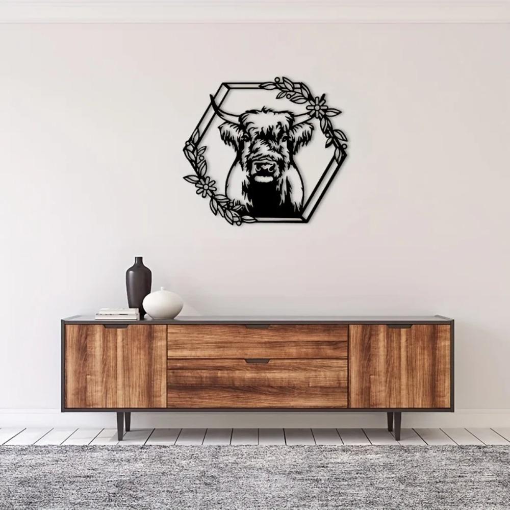 Cow Flower Metal Wall Art – Matte Black Silhouette, Elegant Iron Art for Home Decor, Stylish Wall Hanging & Decoration