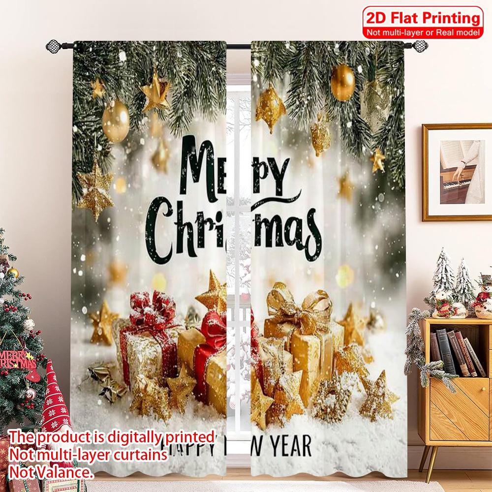 

Set Of 2 Flat Printing Merry Christmas Party Curtains Polyester Without Electricity Birthday Curtain Made Machine Washable W100*H70(CM)-Hooks&2PCS