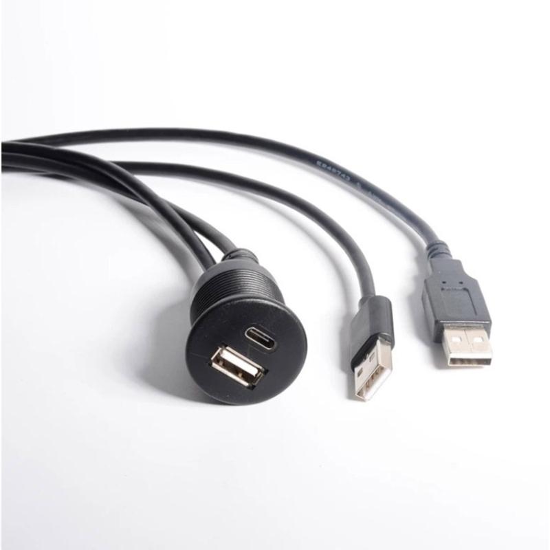 USB 2.0 Extension Cord with Double USB A Male to USB and Type C Female Ports 1M Length for Vehicle