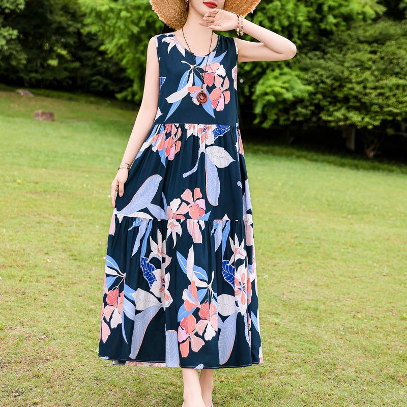 Elegant Sleeveless Dress for Women Plus Size Loose Vintage Print Long Dress Summer Middle-aged Women's Clothing