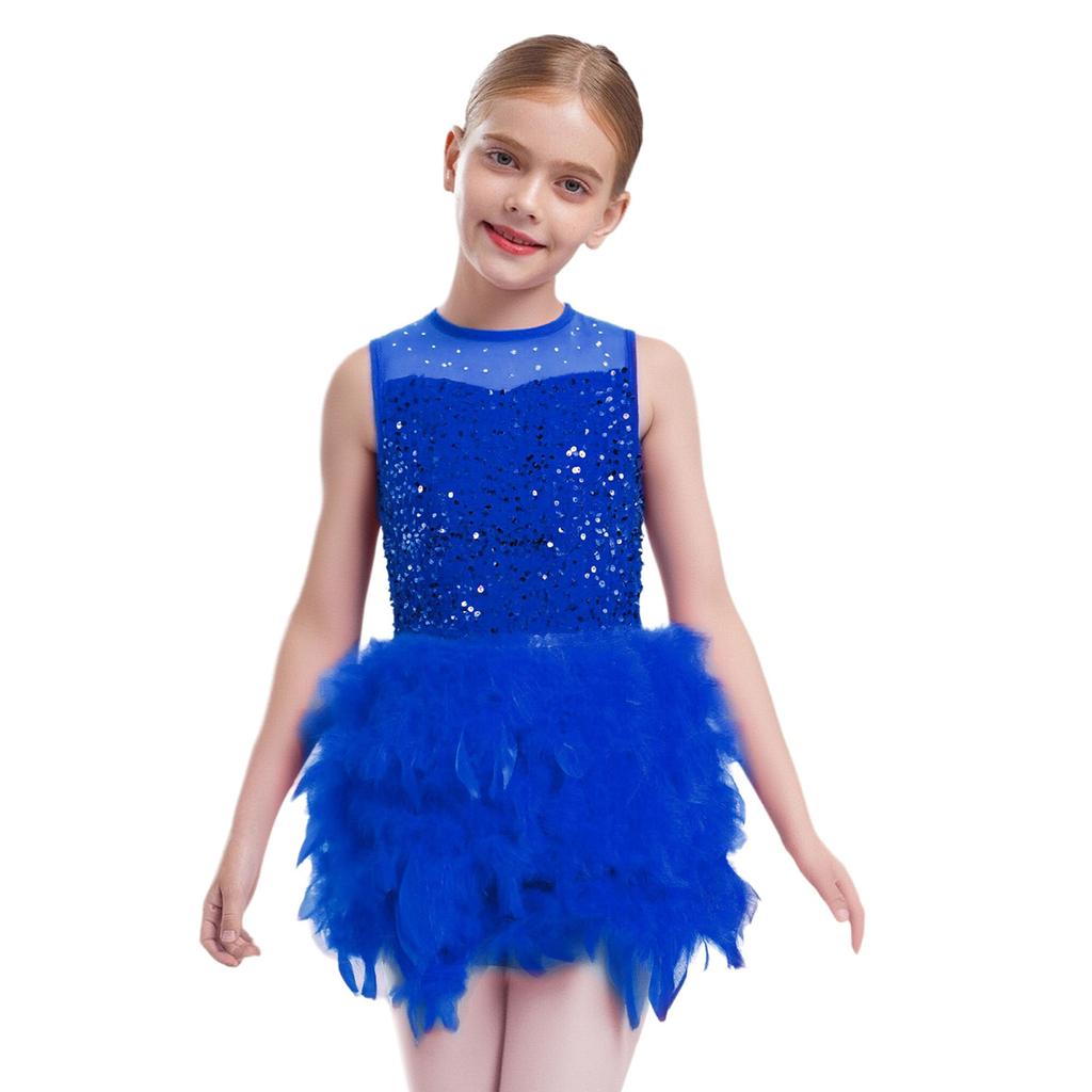 Robe de spectacle de danse pour filles Sans manches Fermeture éclair invisible au dos Patchwork en maille transparente Sequins brillants Plume Velours Robe