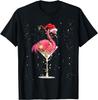 Flamingo Martini Christmas Lights Funny Holiday Graphic T-Shirt Short Sleeve Crewneck