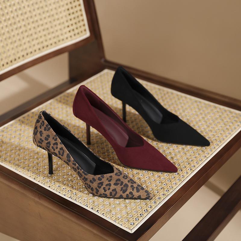 8-Sexy Leopard Print Not Tired Feet Single Shoes Women's Beautiful Pointed Stiletto Suede High Heels