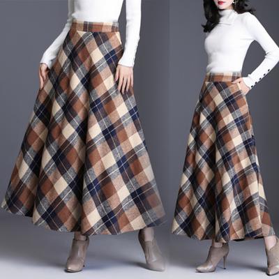 Women Woolen Skirt High Waist Plaid Print A-Line Skirt Autumn Winter Thickened Large Hem Skirt Daily Wear