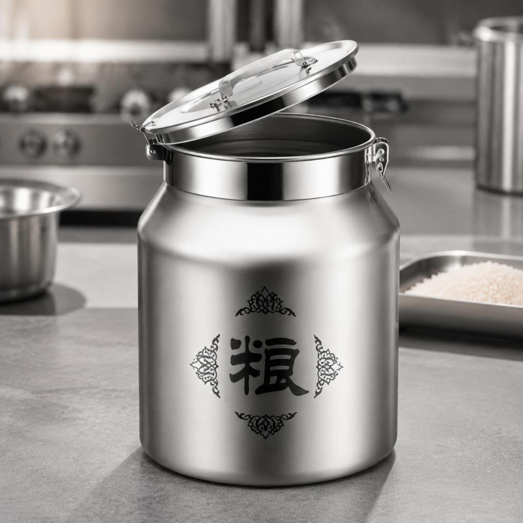 Sealed Food Container with Measuring Cup dampnessResistant ClampLid Stainless Steel Storage Jar