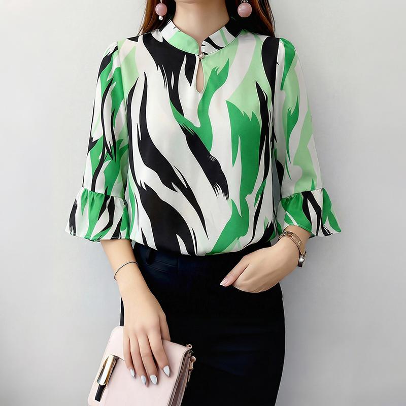 ZANZEA Women Casual Stand Collar Loose 3/4 Sleeve Print Blouse