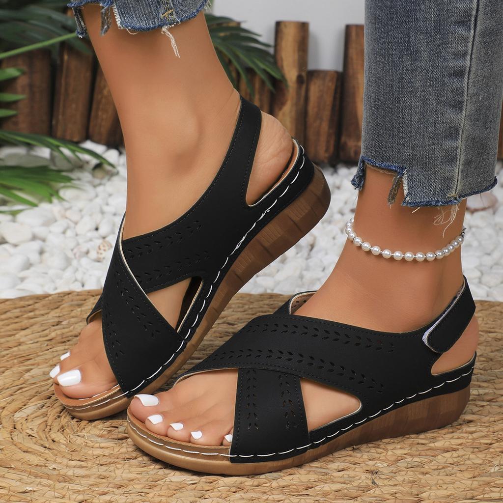 Wedge Heel Thick Sole Hollow Light Soft Sole Velcro Explosive Sandals Women