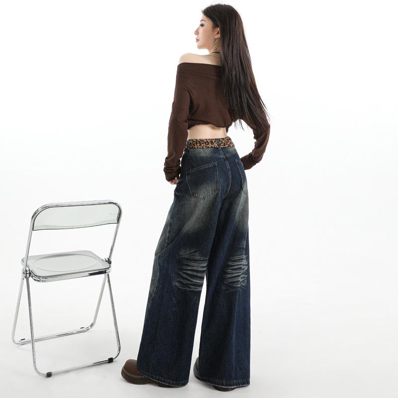 Dámské retro modré džíny s vysokým pasem a širokými nohavicemi - Všestranné, volný střih, podzimní móda.