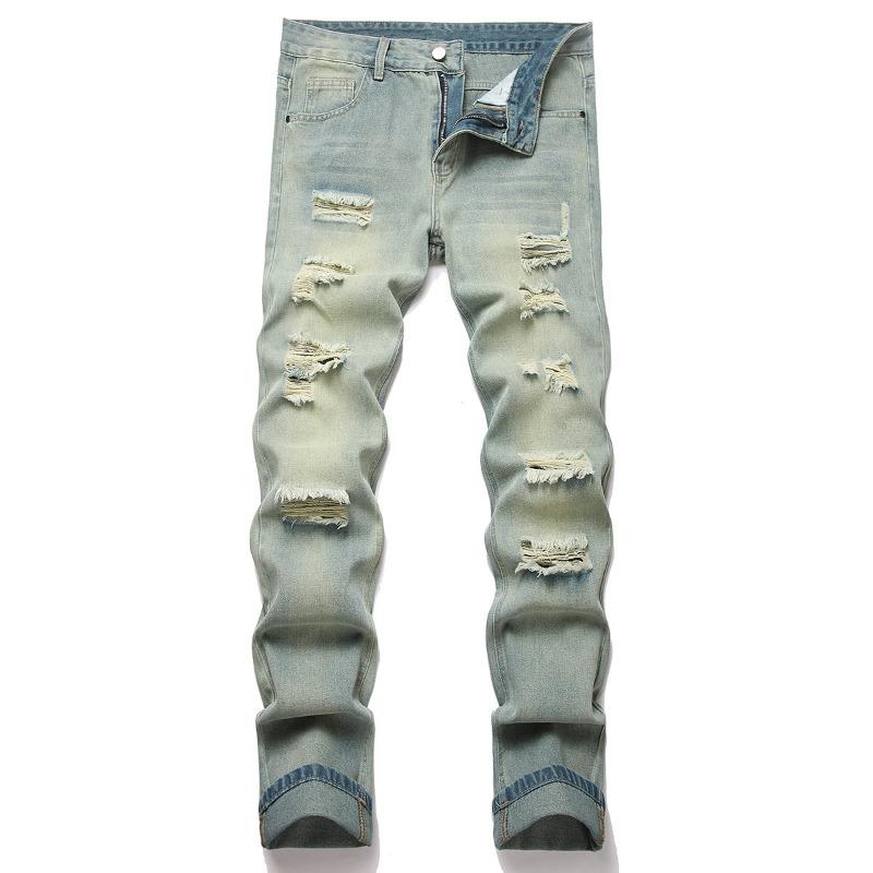 Men's Distressed Straight-Leg Slim-Fit Non-Stretch Denim Jeans Ripped Long Pants