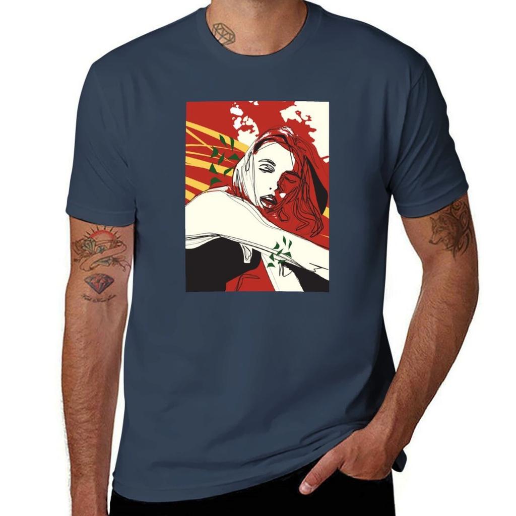 Red Line Art Illustration Unisex with Abstract Leaves TShirt High Quality Durable TShirt