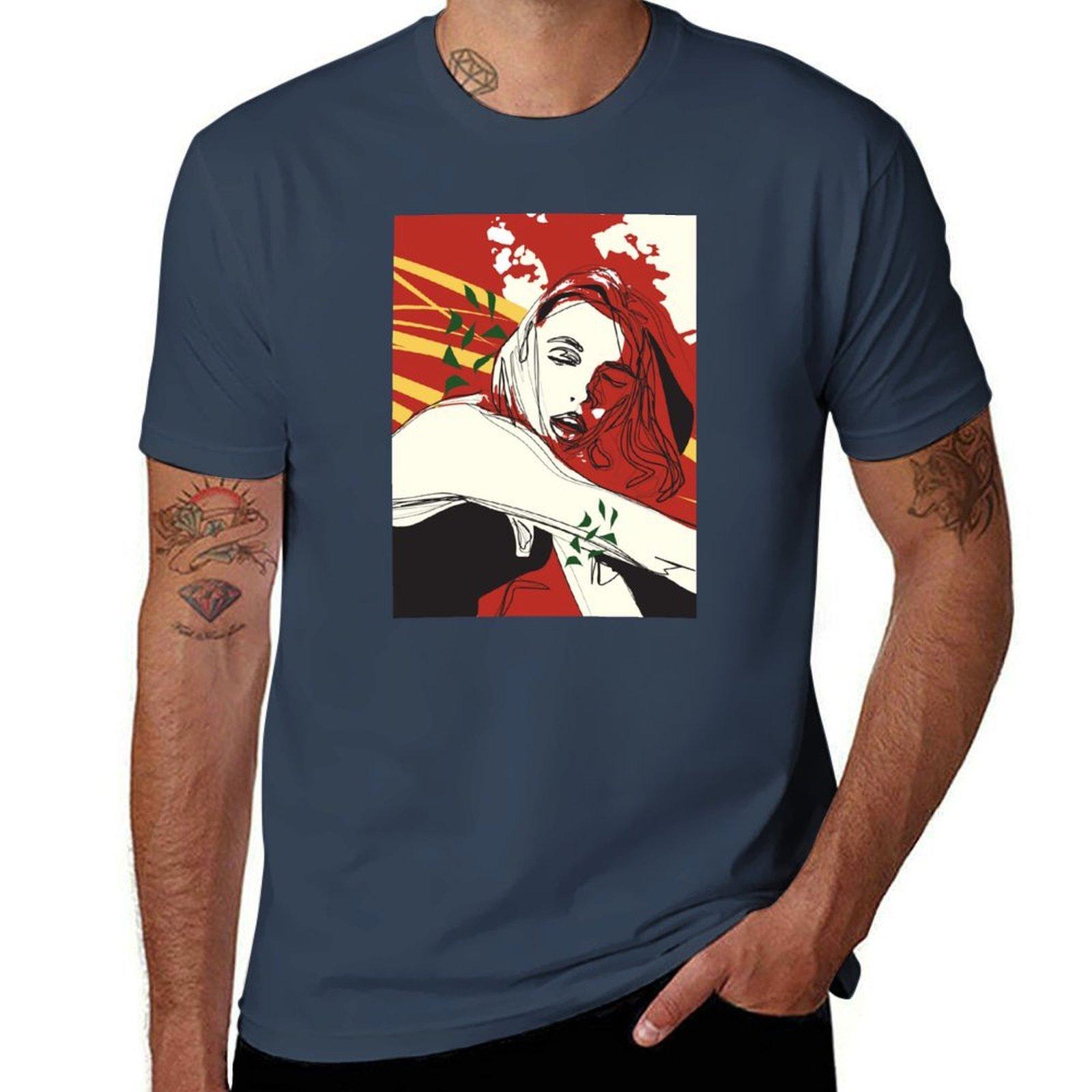 Red Line Art Illustration Unisex with Abstract Leaves TShirt High Quality Durable TShirt S