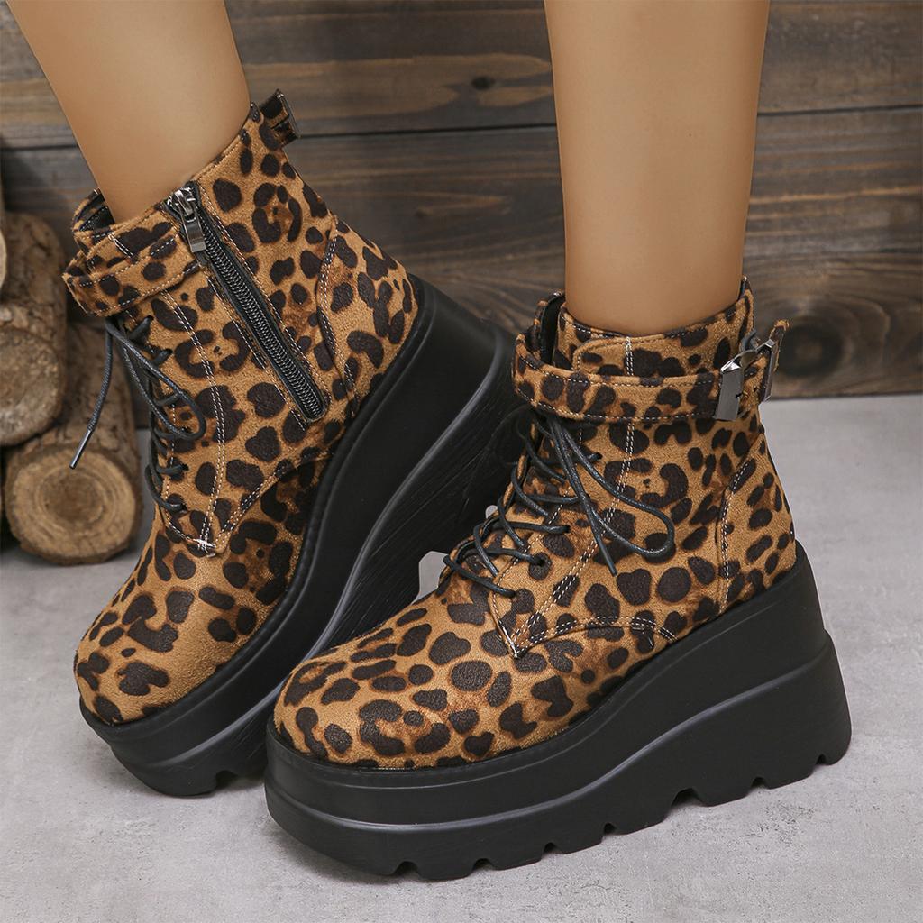 Women's Leopard Print Short Boots with Heel and Lace-Up Design for Fall Winter