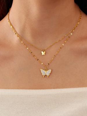 1 Pc Korean Stainless Steel Butterfly Rhinestone Layered Necklace, Suitable For Daily Wear