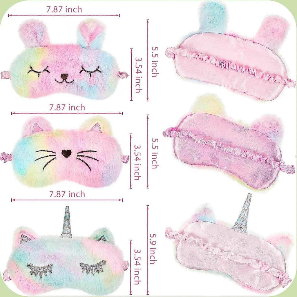 3 Pieces Sleep Mask for Kids, Girls Plush Sleeping Eye Cover Soft Eye Blindfold Cover Animal Shade for Kids(Rainbow Color,Bunny, Cat and Unicorn Style