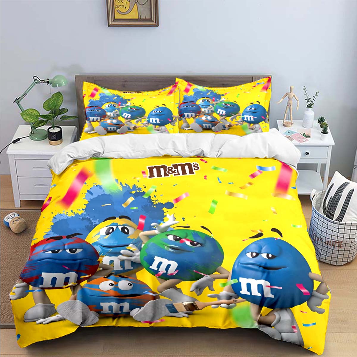 

Модні Постільні Набори з Принтом Логотипу Шоколаду M&M Вишуканий Набір Постільного Приладдя Комплект з Підковдри Комплект з Ковдрою Постільний Набір Розкішний Подарунок EU Single(135*200cm)3pcs