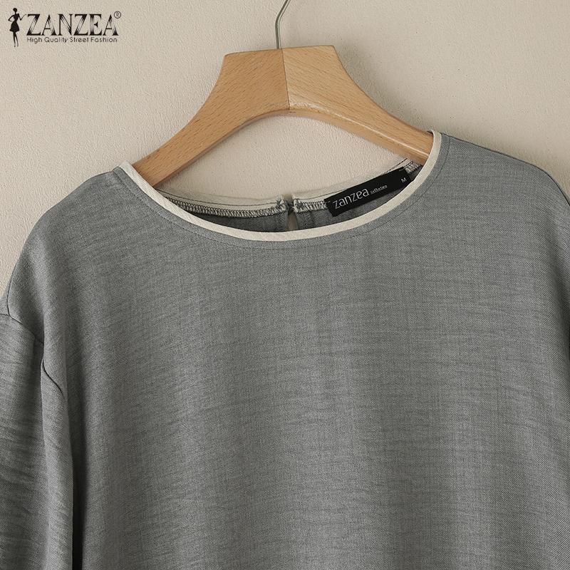 ZANZEA Női Alkalmi Kerek Nyakú Laza 3/4 Ujjú Retro Blúz