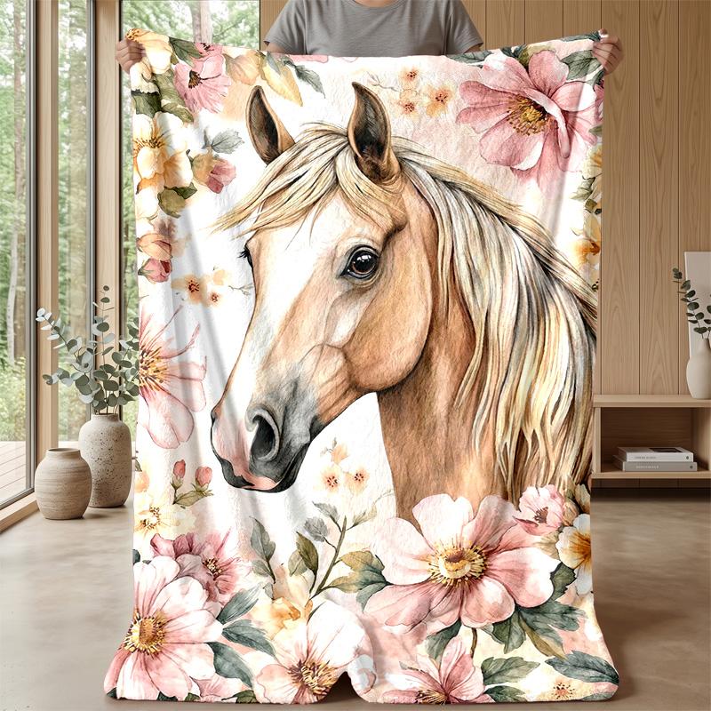 Horse Amidst Floral Splendor Theme Blanket Lightweight Warm Flannel Blanket Decorative Throw Blanket for Home Decoration