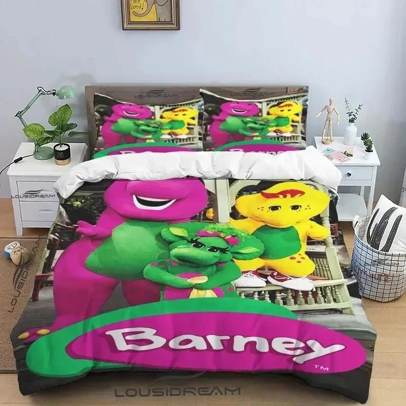 Barney Friends Cute Cartoon Bedding Set Dinosaur Pattern Duvet Cover Pillow Case Boys Bedroom Double King Size Comforter Gift