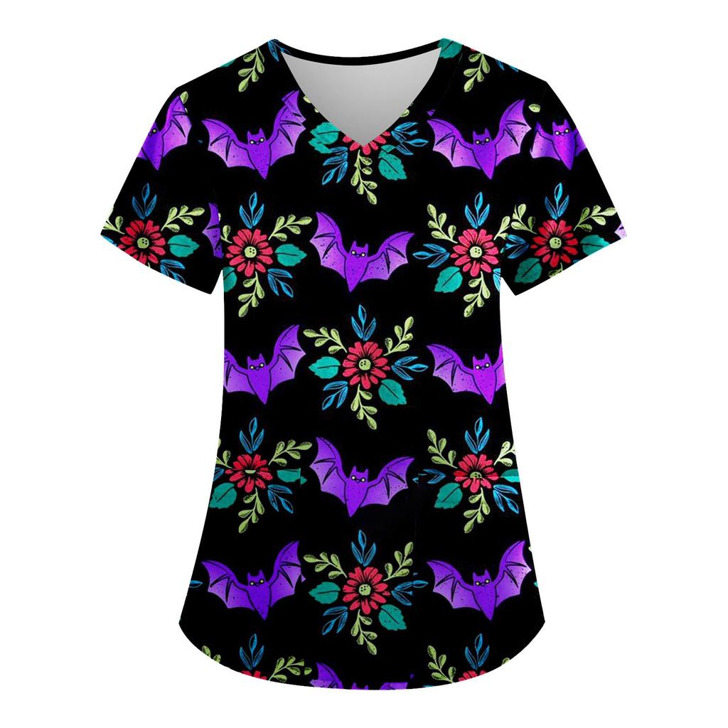 Women's Fashion V-neck Short Sleeve Workwear With Pockets Halloween Printed Tops