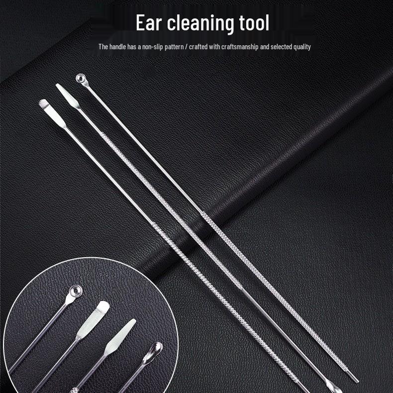 Stainless Steel Textured Ear Picking Tool Set: Scoop, Hollow Pick for Ear Cleaning.