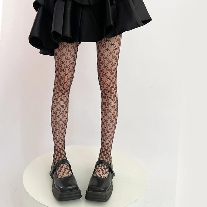 Women See Through Fishnet Pantyhose Stockings Japanese Aesthetic Hollowed Geometric Circle Pattern Mesh Tights Leggings