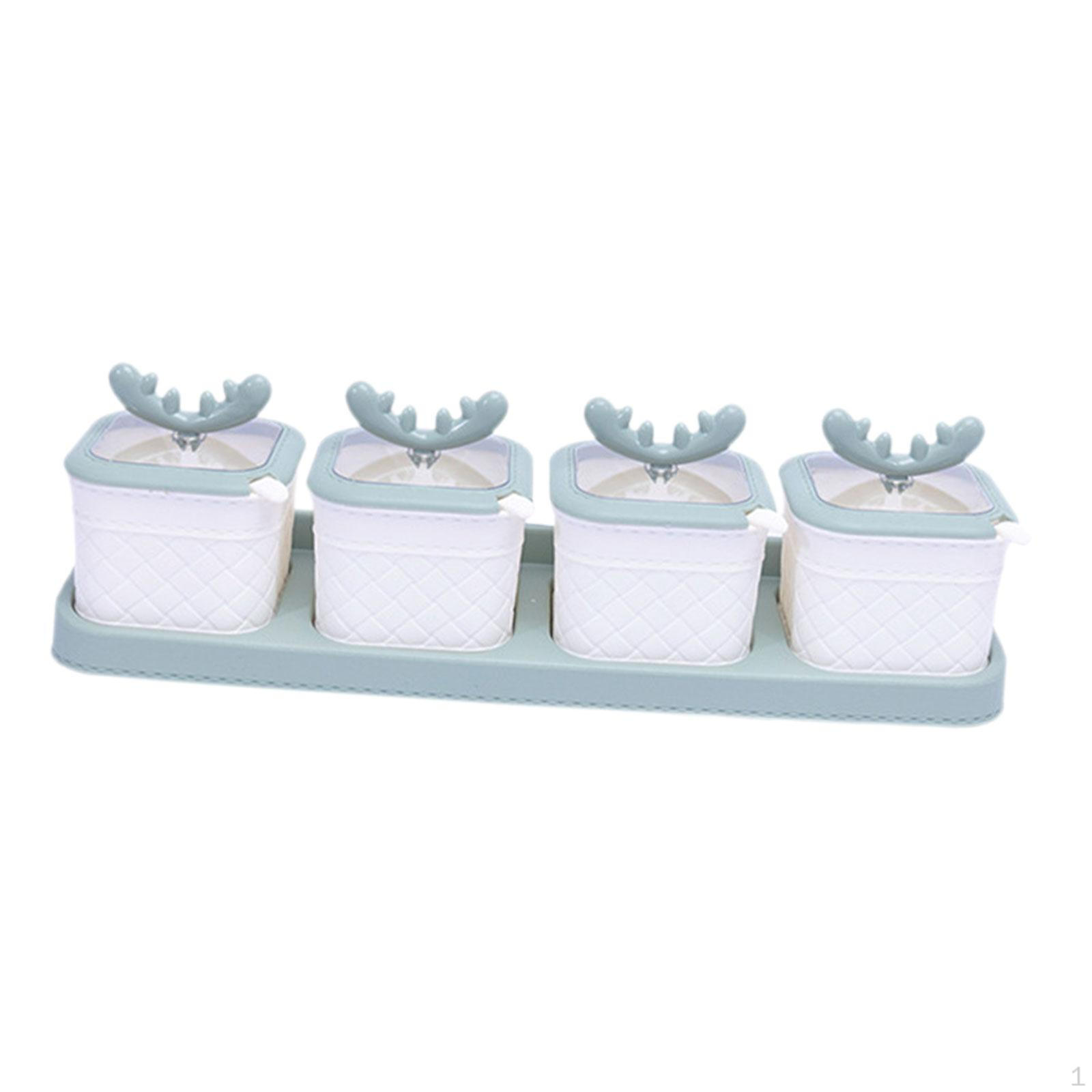 

4 Condiment Jars, Sugar Bowls with Lids, Dustproof, Tray, Container for Cafe, Kitchen Bar green white