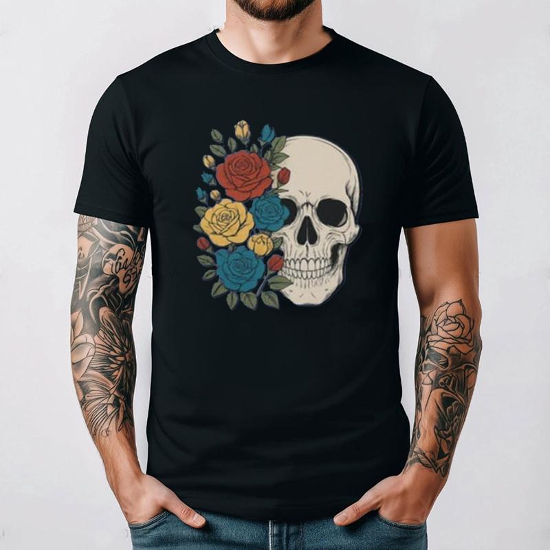 Skull Rose Vintage T-Shirt Floral Skeleton Cotton Short Sleeve Summer Casual Tee Gothic Boho Style Women Graphic Top Gift
