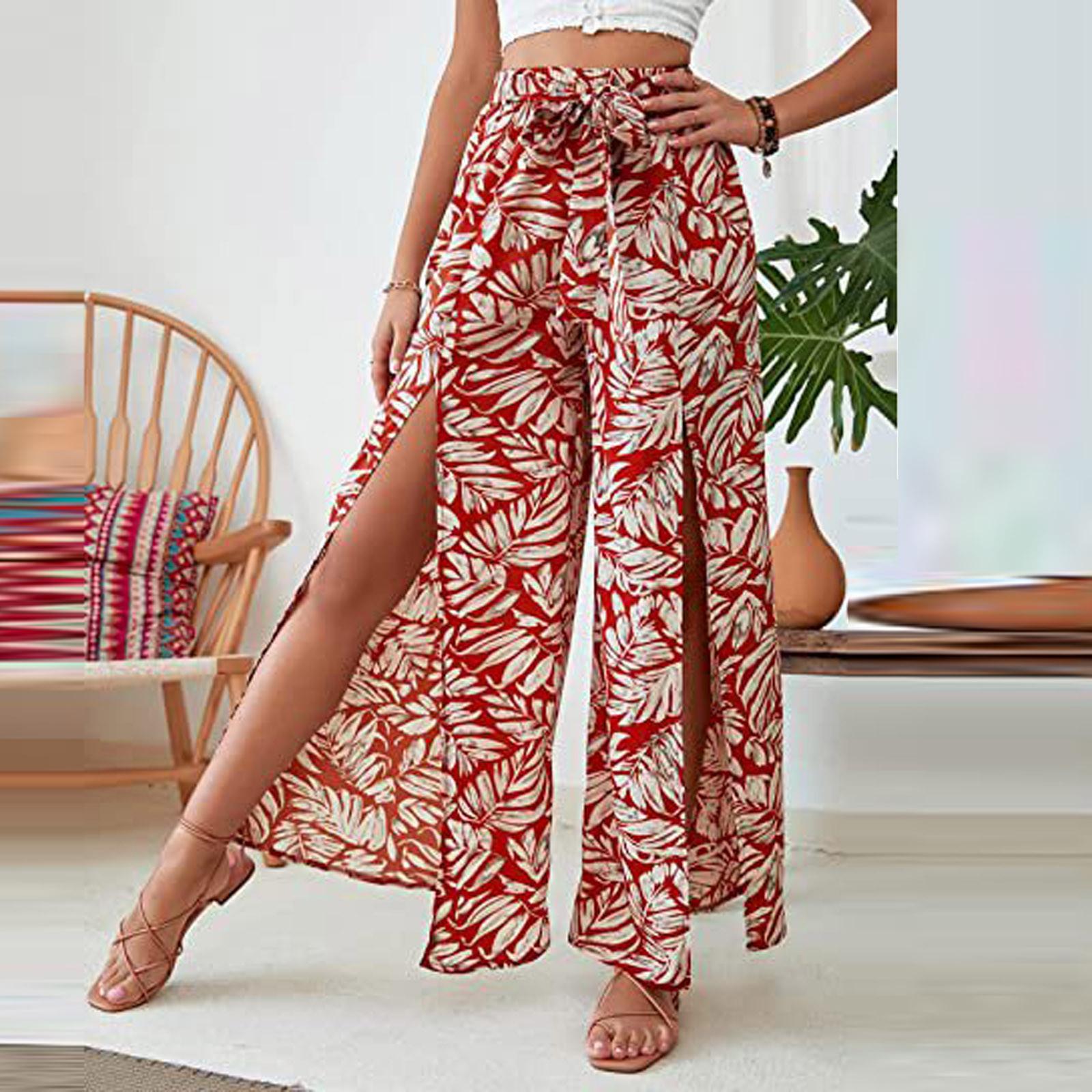 

Модные женские повседневные широкие брюки с принтом, прямые брюки, брюки с разрезом XXL винный