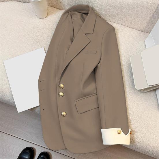 Women Suit Coat Lapel Long Sleeve Single Breasted Suit Jacket with Flap Pockets Loose Fit Basic Solid Color Office Commuting Outerwear
