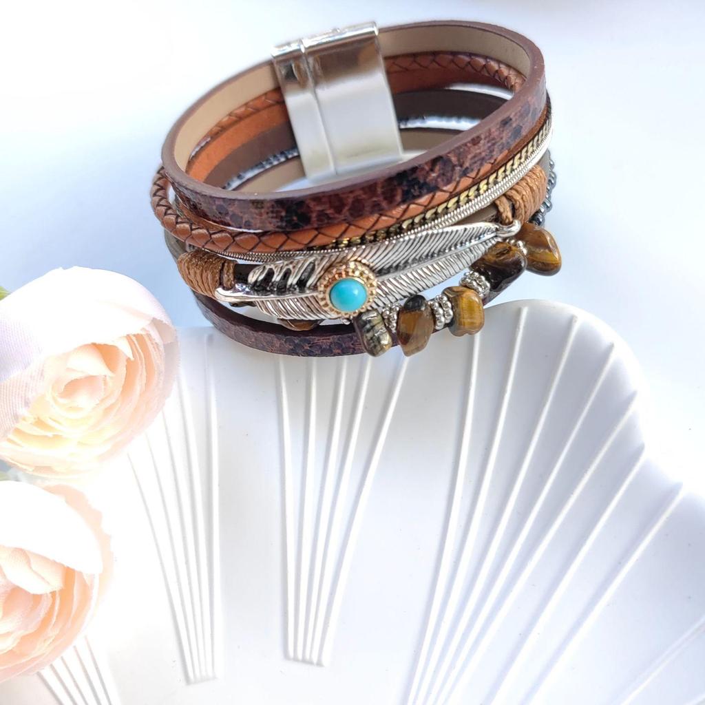 Bohemian Style Leather Bracelet with Crushed Stone and Plant Leaf Design