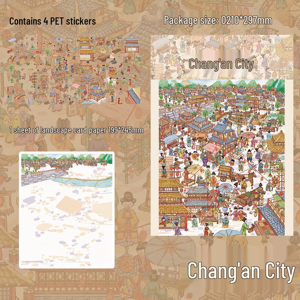 PET Scenery Stickers: Large Format Chang an City for DIY Creative Miniature Scenes & Fun Journals (4 Sheets)