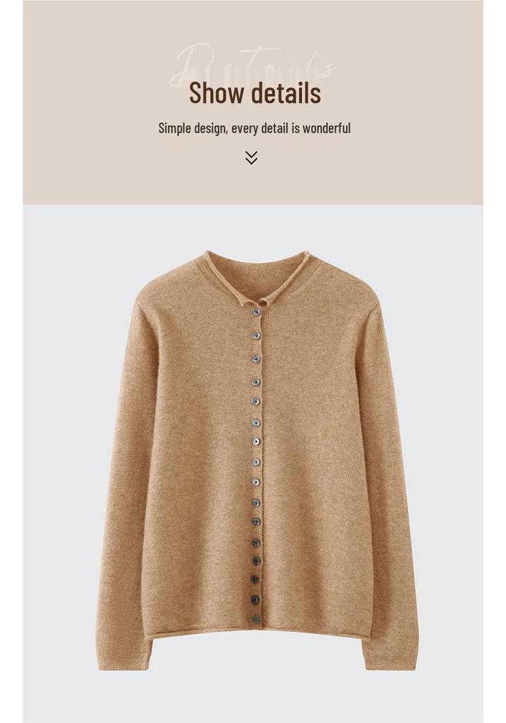 Women's 100% Wool Round Neck Button-Up Cardigan: Autumn/Winter Rolled Hem Knit Sweater