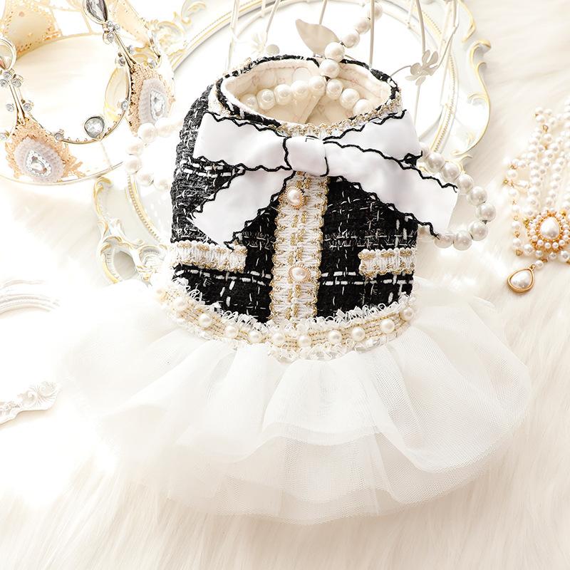 Pet Fur Patchwork Mesh Dress Autumn Winter Bow Sweater Coat Cat Princess Fluffy Winter Skirt Pearl Lace Small Dog Teddy Bear Pet