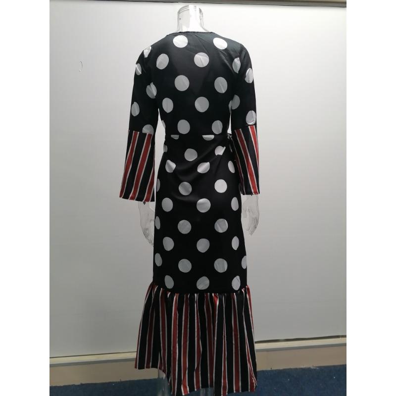 Spring and Autumn Women's Dress Long Sleeve Strappy V-Neck Printed Dresses