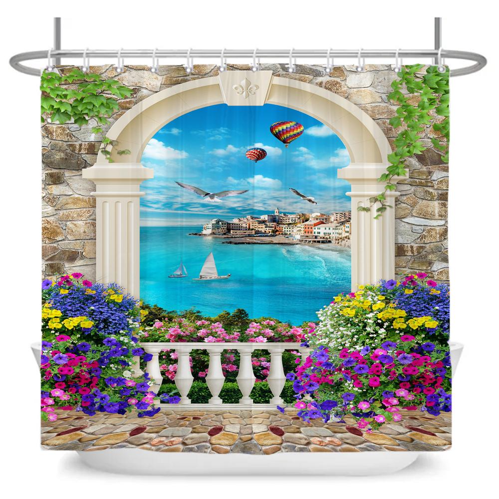 Rural Flowers Scenery Shower Curtain Dreamlike Blooming Flowers Tree Home Bathtub Decor Waterproof Polyester Bathroom Curtains