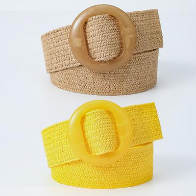 Summer Resin Round Buckle Pp Grass Elastic Woven Wide Belt Beach Niche Exterior Dress Waist Seal