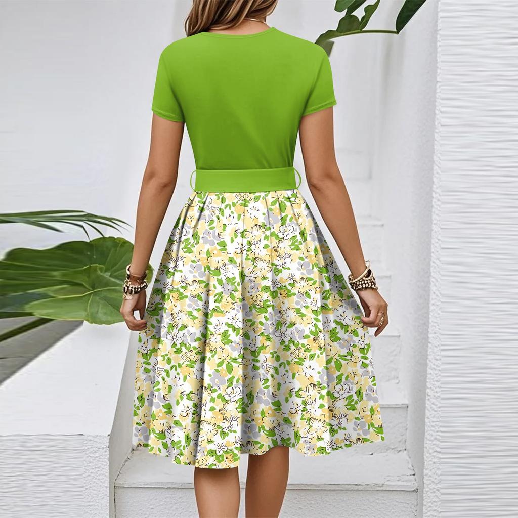 Damska codzienna modna sukienka z paskiem, w stylu vintage, z nadrukiem, z krótkim rękawem, z okrągłym dekoltem, elegancka