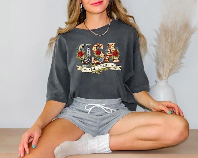 USA 250 Years of Freedom Shirt Women Unisex Fasshion America 250 Patriotic Streetwear Independence Day Vintage USA Unisex Tees S