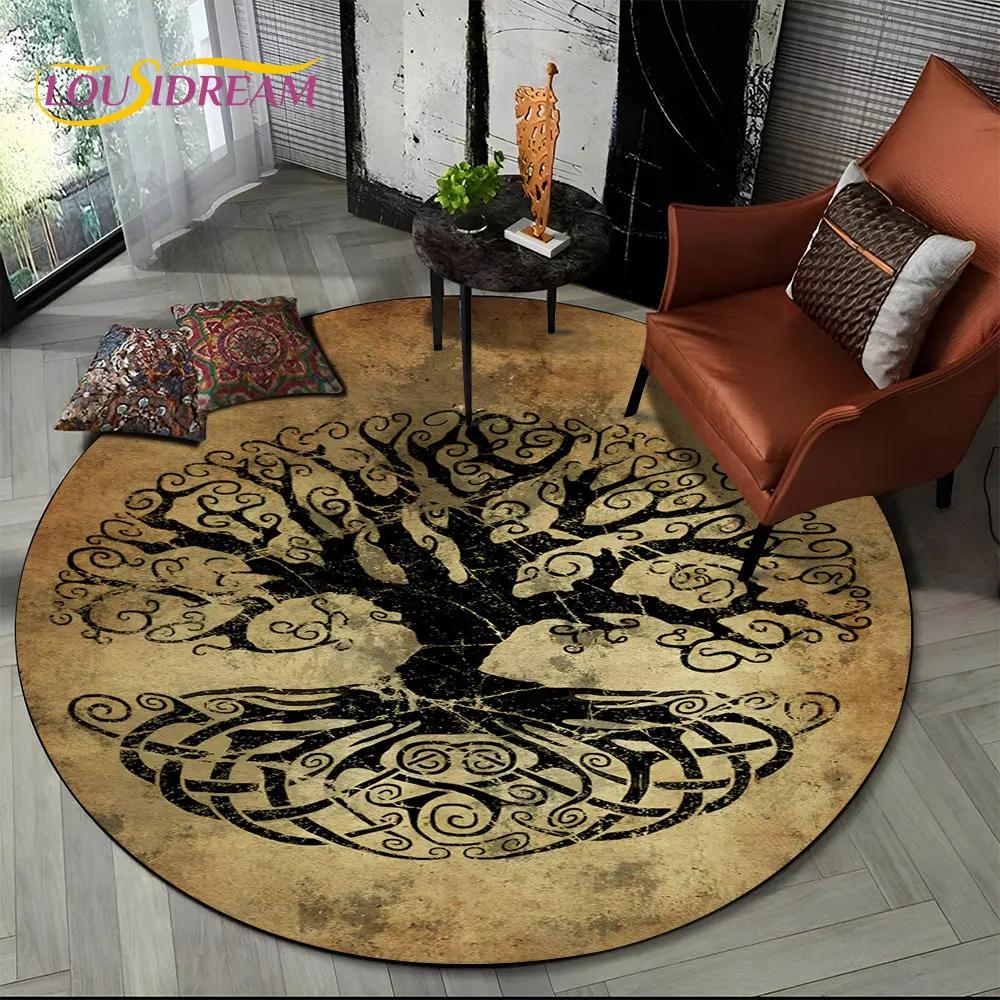 Viking Valknut Yggdrasil Tree of Life Round Area Rug,Carpet Rug for Living Room Bedroom Sofa Playroom Decor,Non-slip Floor Mat