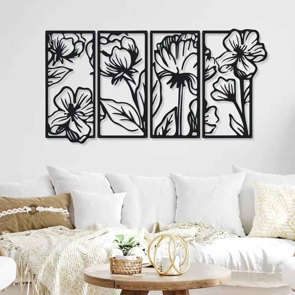 4-Piece Stunning Metal Floral Line Art: Minimalist Home Decor for Living Room & Beyond.Minimalist Line Art.