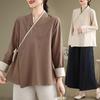 Plus Size Cotton Linen Zen Tea Shirt: Retro Chinese Style with Oblique Collar & Tie-up