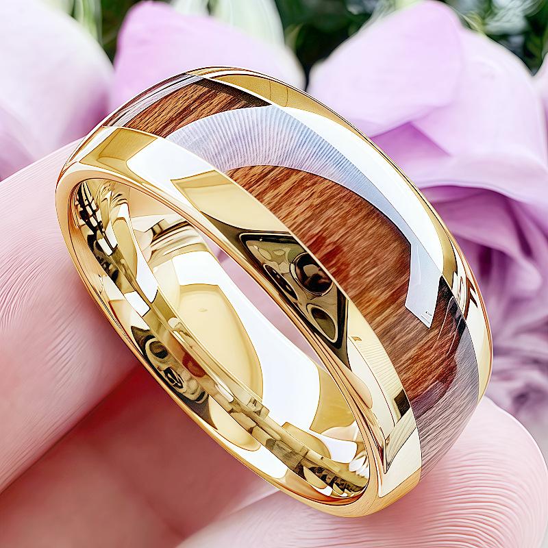 Men's 8mm Gold Wood Grain Stainless Steel Ring with Redwood Inlay - Comfortable Fit 