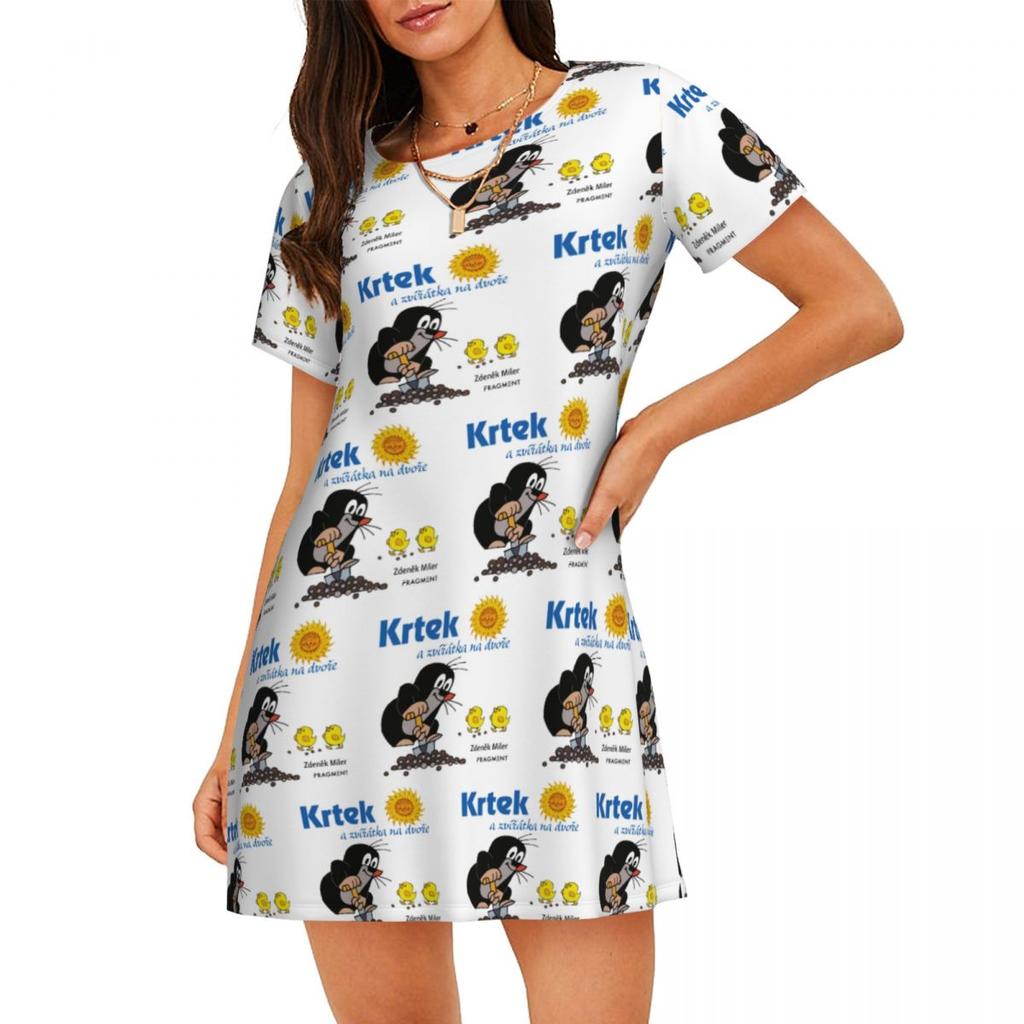 Cartoon Comic Damen Oversized Rundhals Modisches Lockeres Lässiges Sommerkleid mit Kurzen Ärmeln