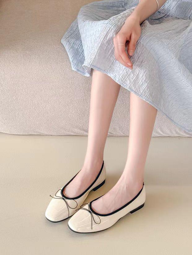 Fashion Bow Flat Women's Square Toe Shallow Single Shoes 2025 Spring Soft Sole Shoes