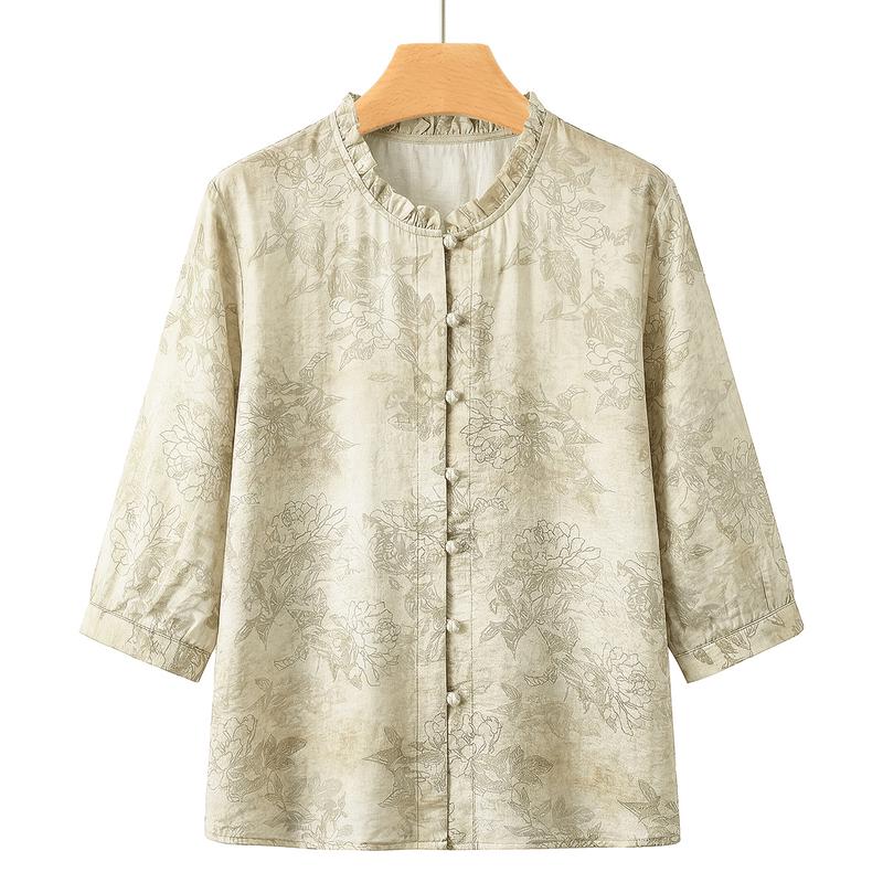 Yuzhaolin Women's Floral Print New Chinese Style 3/4 Sleeve Blouse