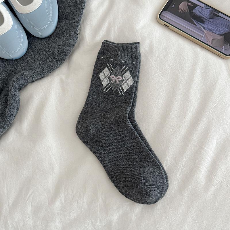 Rhombus Plaid Bow Wool Socks Children'S Wind Thickened Warm Retro Stacking Socks