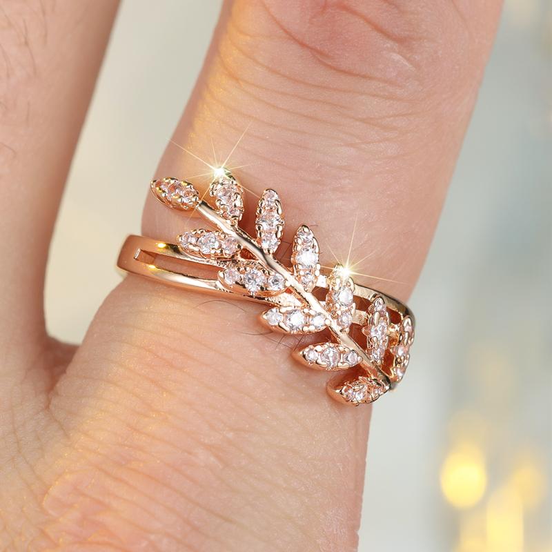 Anelli vintage con foglia di zircone bianco per donna, anello di fidanzamento di lusso color oro rosa per matrimonio
