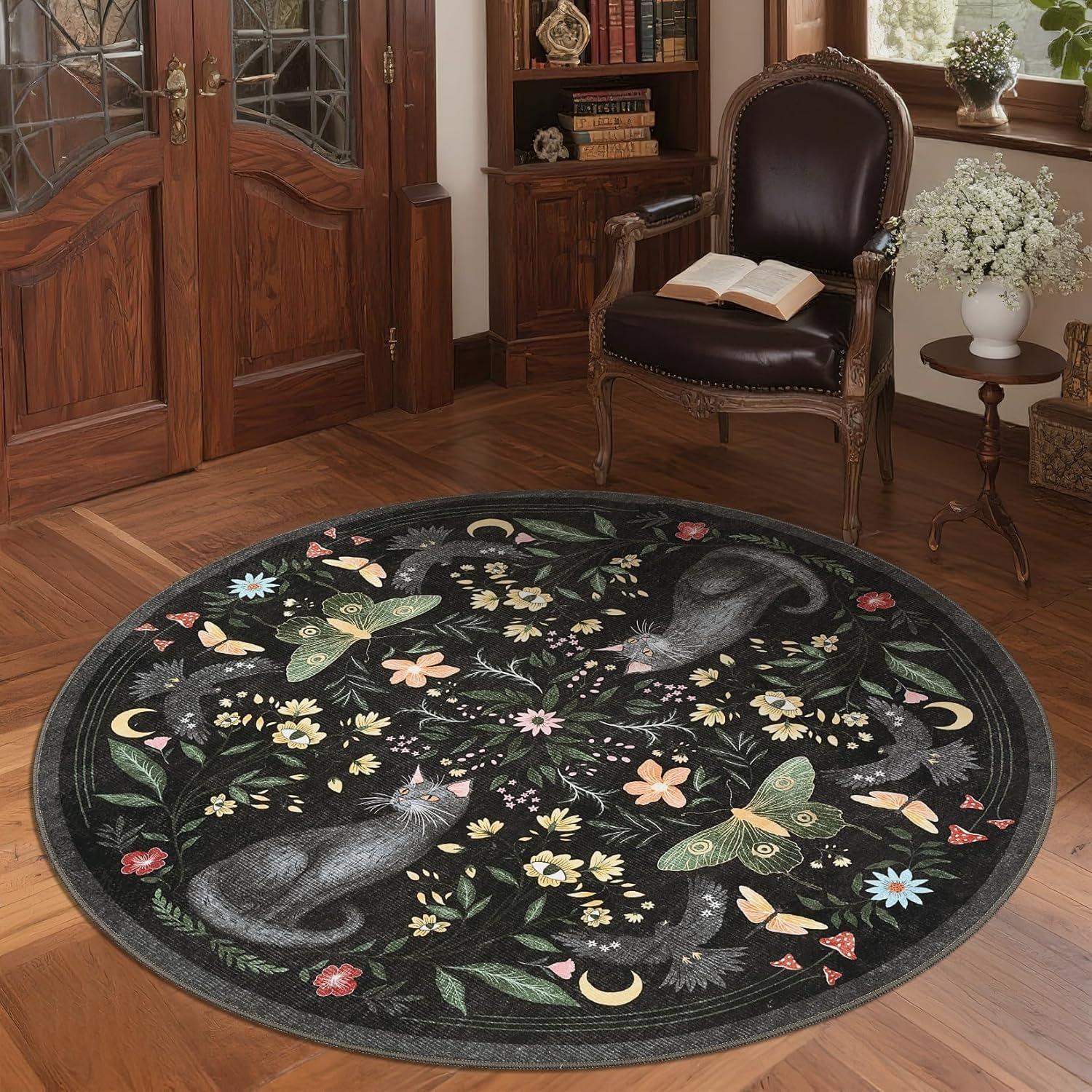 Tapis Rond Motif Fleurs Chat Doux Antidérapant Tapis de Salon Décoration Intérieure Rétro Imprimés Floraux Oiseaux Style Bohème Tapis de Protection de Sol 120x120cm